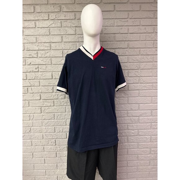 Tommy Hilfiger Men Navy V-Neck Short Sleeve Vintage T-Shirt Size XL - Picture 1 of 8